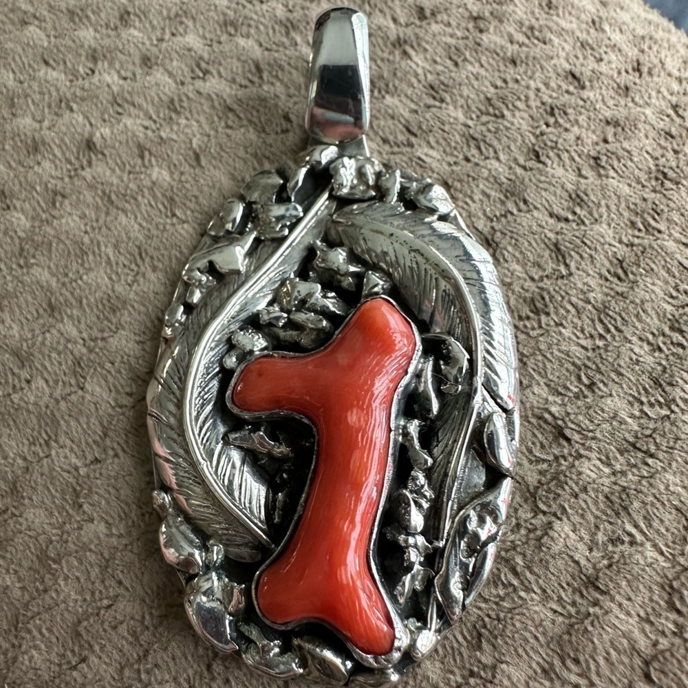 Phil Zachary stamped sterling and coral pendant